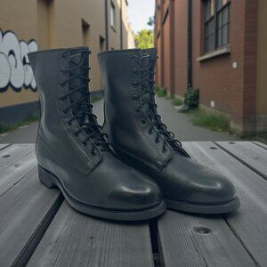 Addison Shoe Co. Black Leather Combat Boots Size 8.5 X-Wide Military Lace-Up Vtg